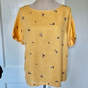 Cynthia Rowley yellow 100% linen flower embroidered blouse top size Small